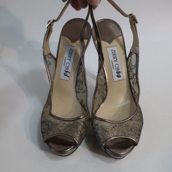 NWD Authentic Jimmy Choo Metallic Bronze Leather Lace Peep Toe Heels 38.5 US/8.5 - Picture 3 of 12
